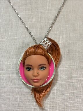 Silver Chain Necklace with Pink-Accented Barbie Doll Face Pendant